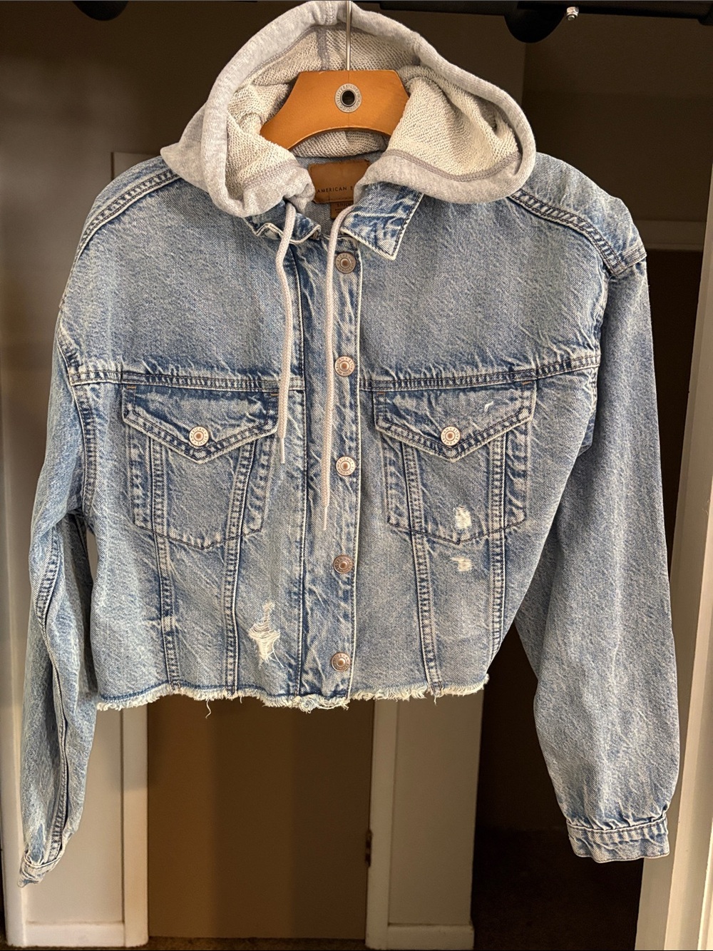 Cropped Denim Jacket with Gray Hood